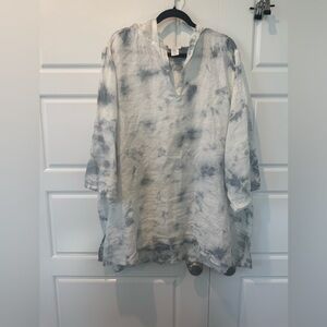 C&C California 100% Linen Tie Dye Hooded Swim Cover Up White & Blue Size 3X